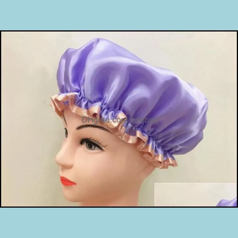 Lovely Thick Women Shower Satin Hats Colorful Bath Shower Caps Hair Cover Double Waterproof Bathing Cap dc905