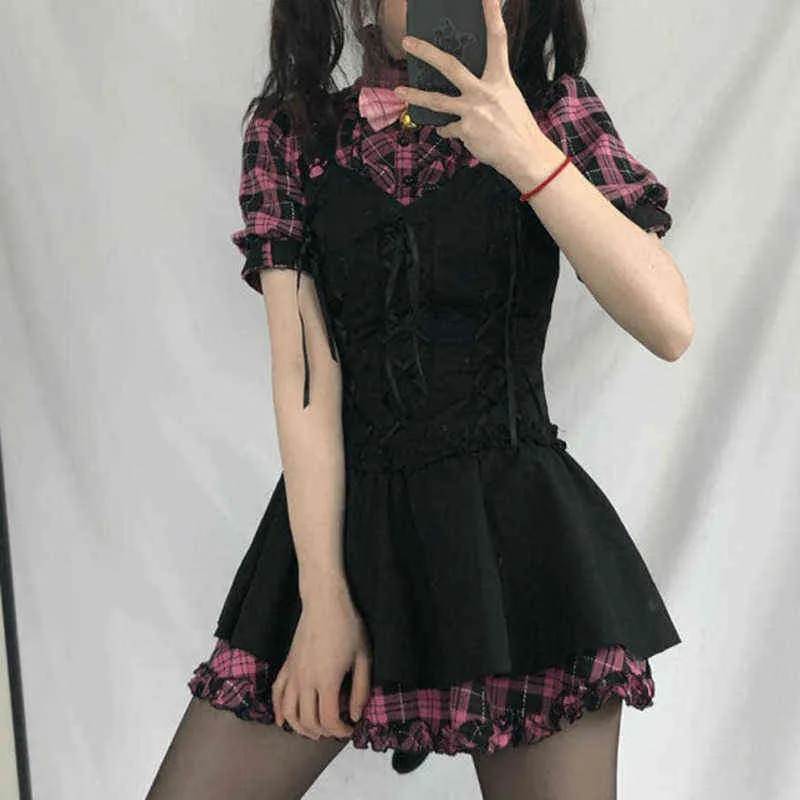 Vestidos De Emo De Verão Para Mulheres Xadrez Gótico Alt Kawaii