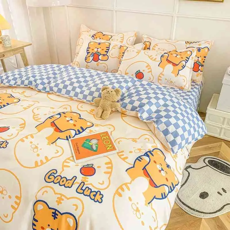 مجموعة أسرة نمر لطيف مع لوحة المشية الفتيات الفتيان Single Queen Flat Sheet Cover Cover Cover Pillowcase Bed Bleens Kids Home Textile