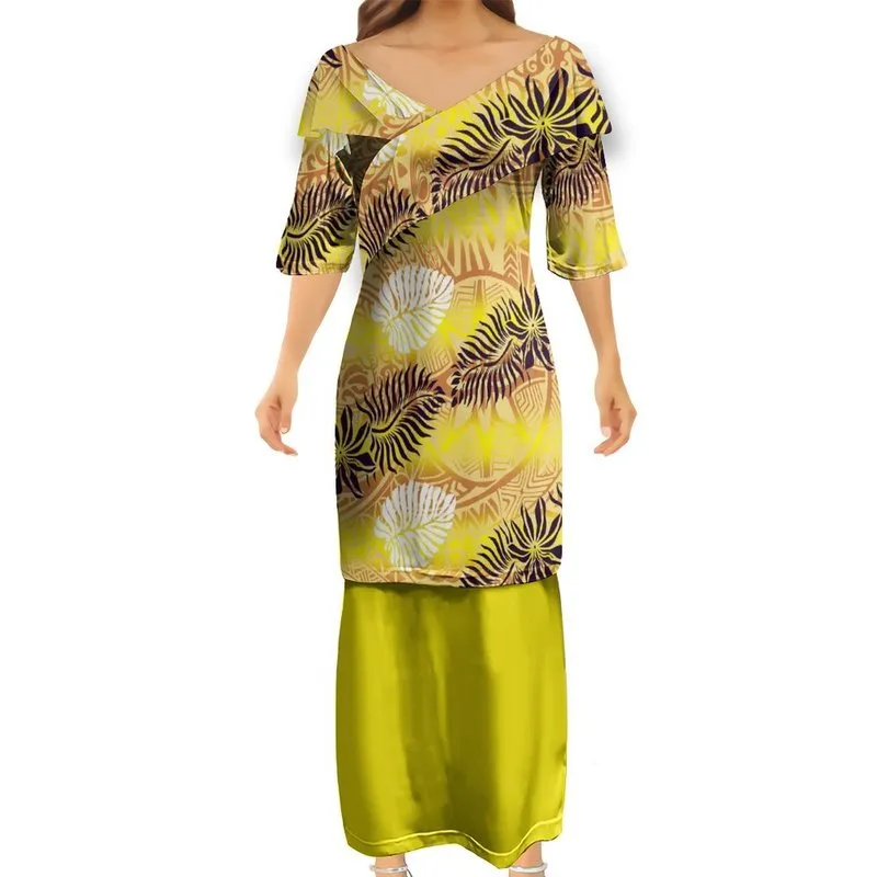 Polynesian Tribal Frauen Benutzerdefinierte Muster V-ausschnitt Puletasi Kleider Paare Kleid Top Qualität Benutzerdefinierte Off Schulter Kleider Kleid 220706
