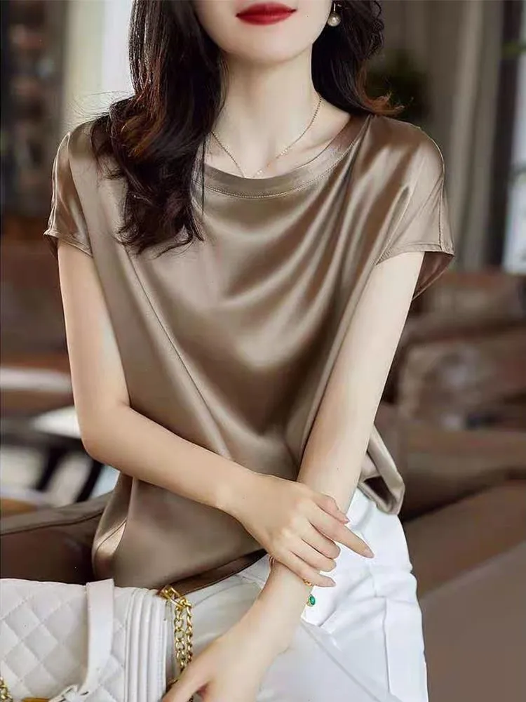 Soie Mince Manches Courtes T-shirts Style Coréen Slip Femme Vêtements D'été Élégant Noir Marron Hauts Solide Lâche Décontracté 4xl