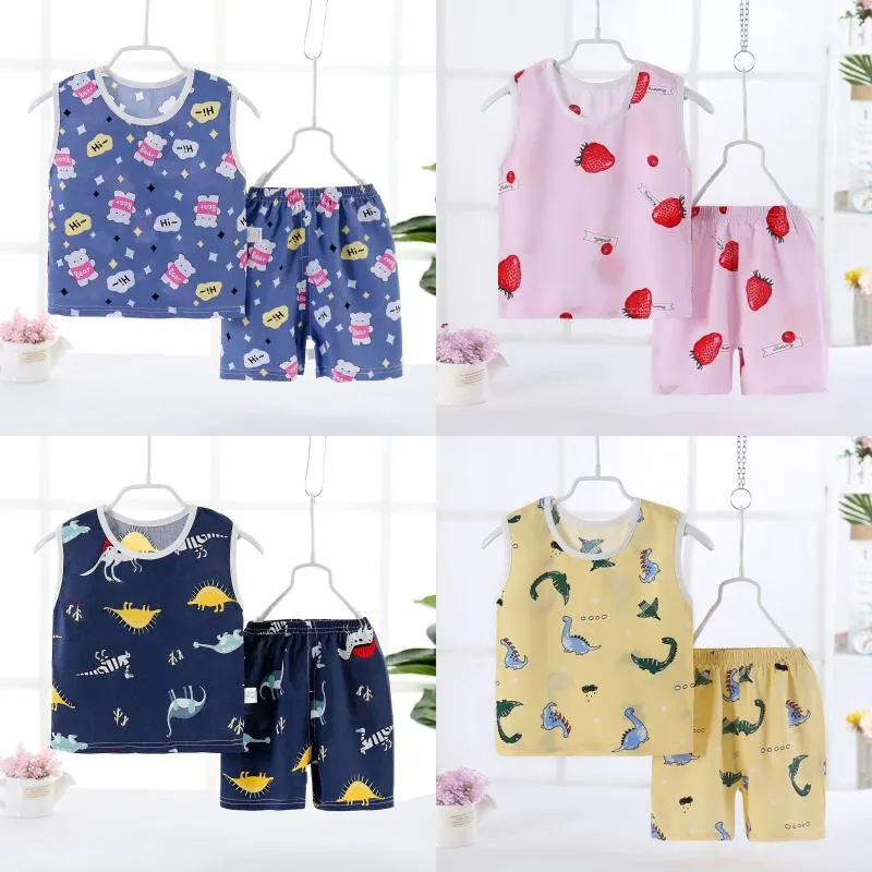 Completi di abbigliamento Comodo servizio a domicilio per bambini Pigiama senza maniche estivo 2 pezzi Stampa di cartoni animati Neonati maschi Casual Aria condizionata S