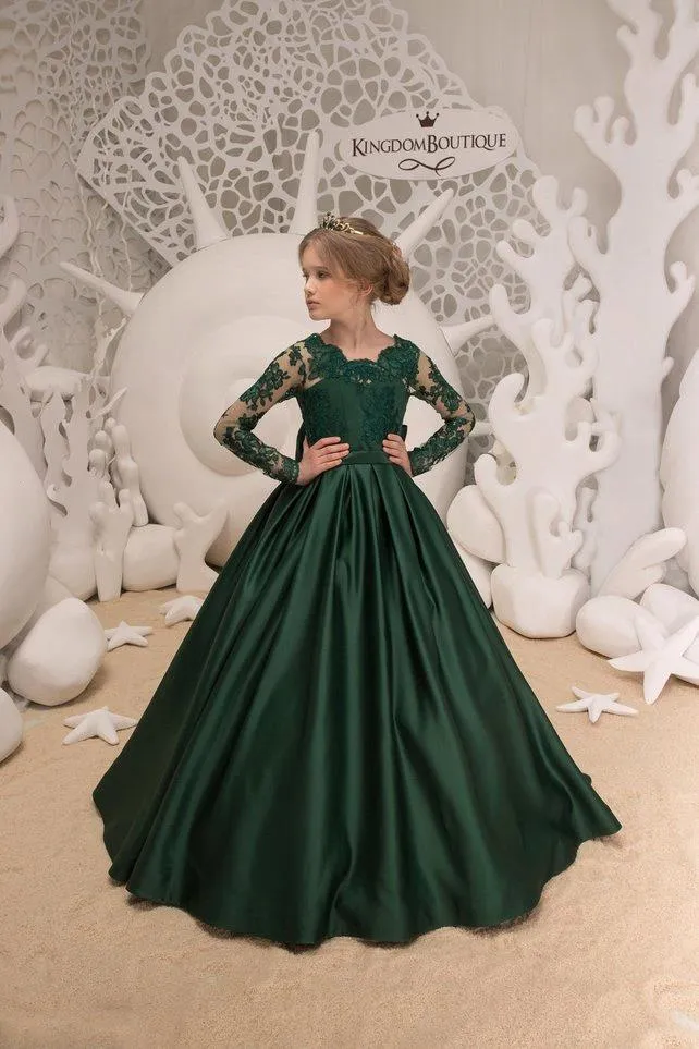 knee length dresses for ladies Off-the-shoulder Lace Long Sleeves Evening Dress Green Satin Skirt –  loveangeldress