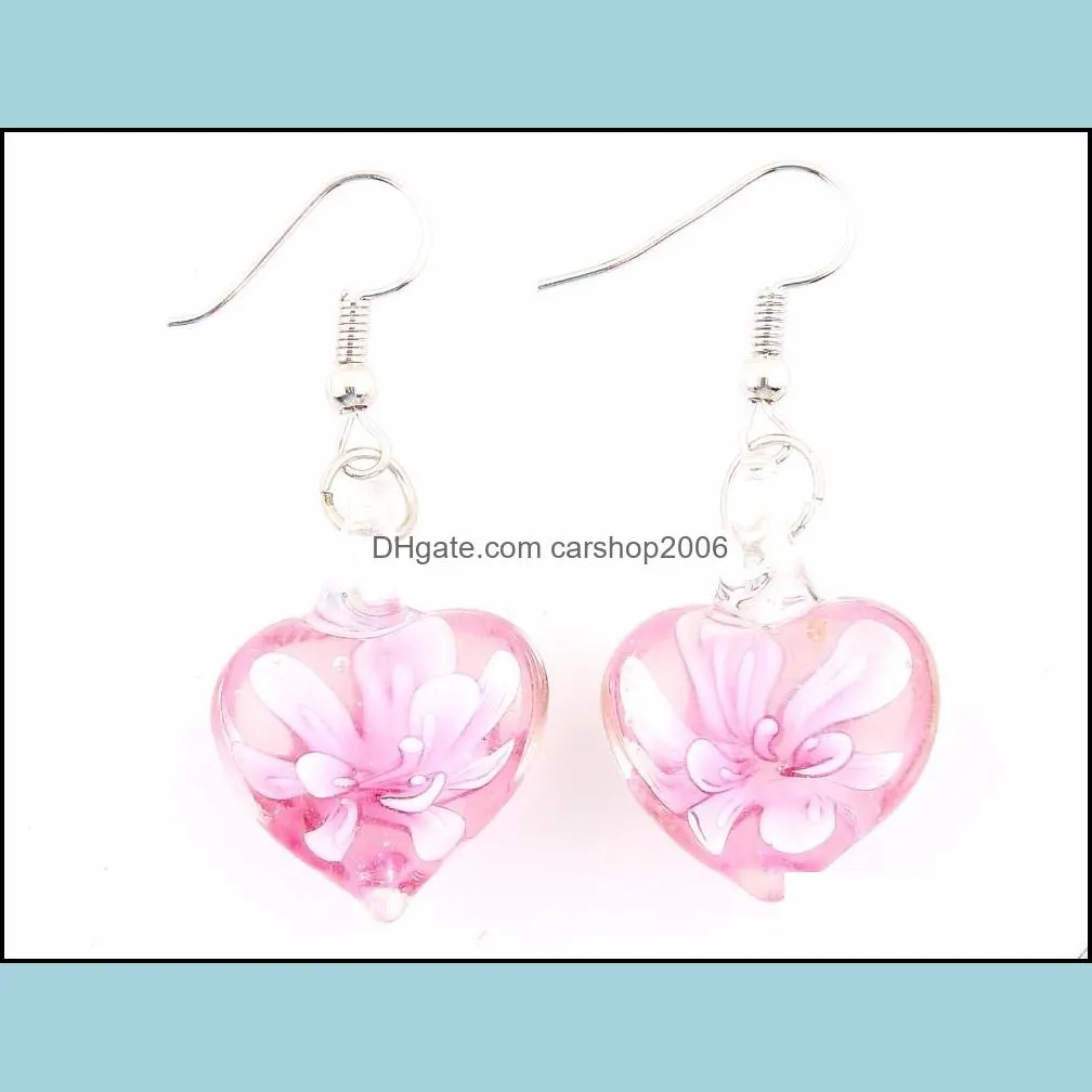 wholesale 6pairs earrings handmade murano lampwork glass mixed color women`s inner flower heart earring gift