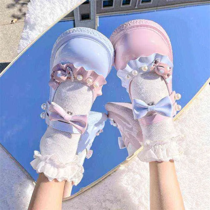 Dress Shoes Kawaii Patchwork Lolita Femme Japanese Style Mix Color Girls Mary Janes Fashion Pearl Decoration Pu Zapatillas Mujer 220516