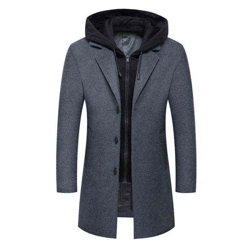 Vinterullrock män mode huva lång dike affärer casual ull överrockar enkel bröst jacka mäns blandningar t220810