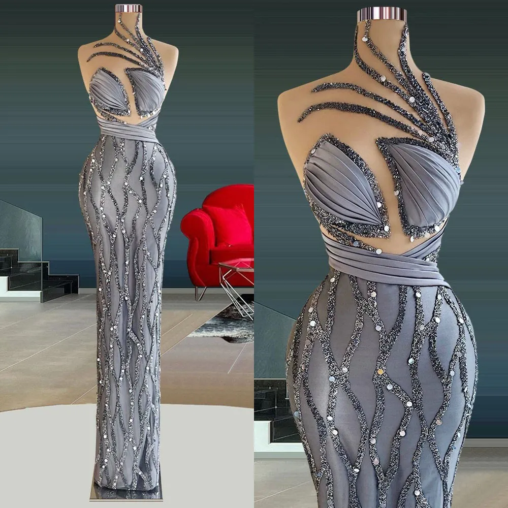 Elegant Gray Sequins Evening Dresses Sexy Sleeveless Mermaid Satin Back Zipper Formal Women Custom Made Prom Gown