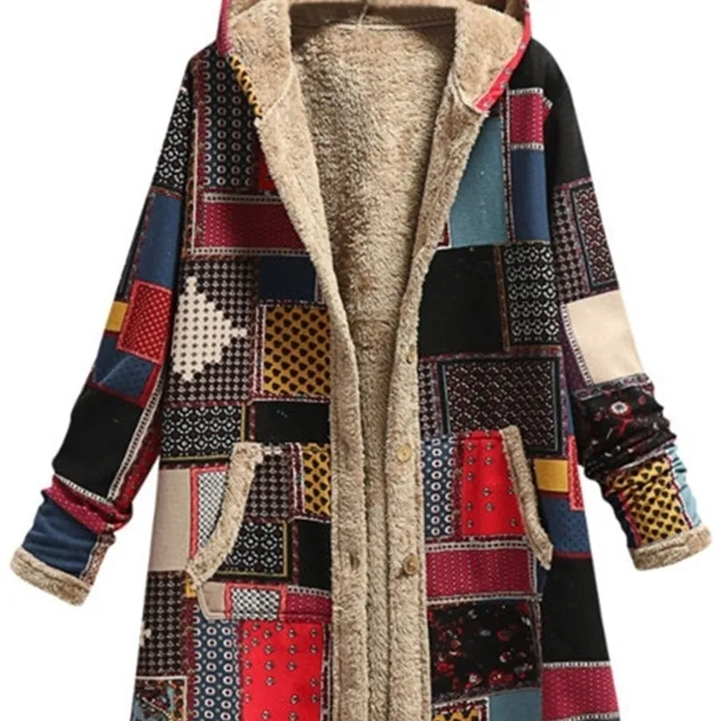 غطاء محطّن Longsleeved Pring Plush Coat Disual Retro Coating Salting Jacket for Women Winter Stack