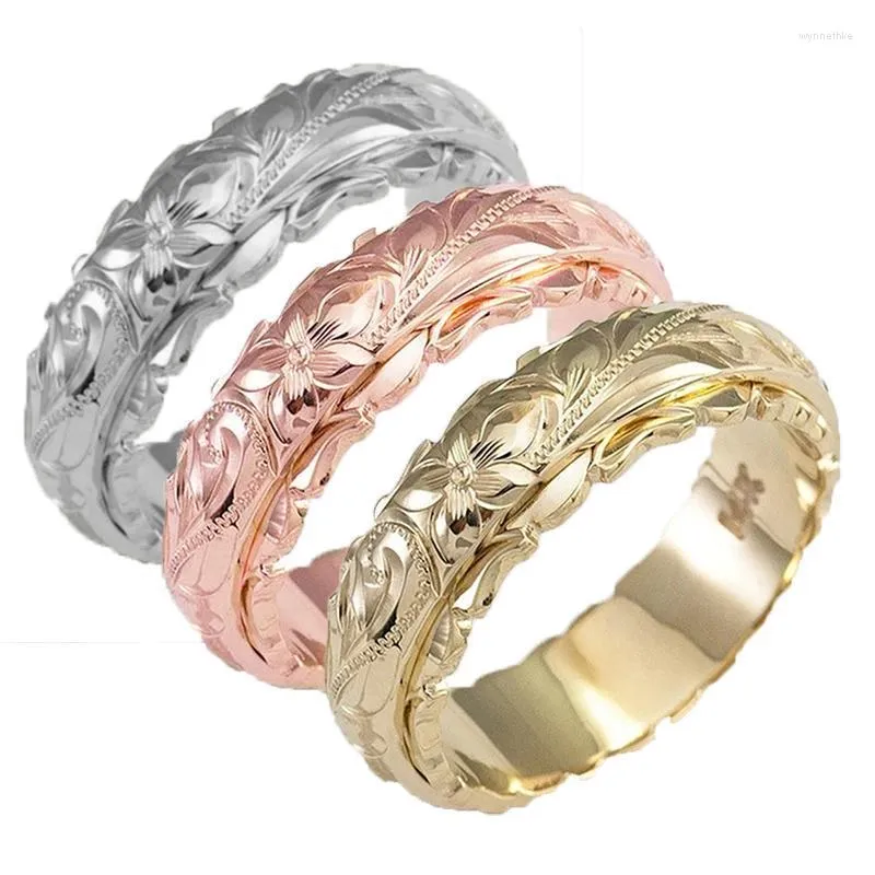 Fedi nuziali Elegante anello a fascia da donna con motivo floreale a forma di fiore 3 colori disponibili in metallo Fascino da sposa pregiato Gioielli classici squisiti Wynn22