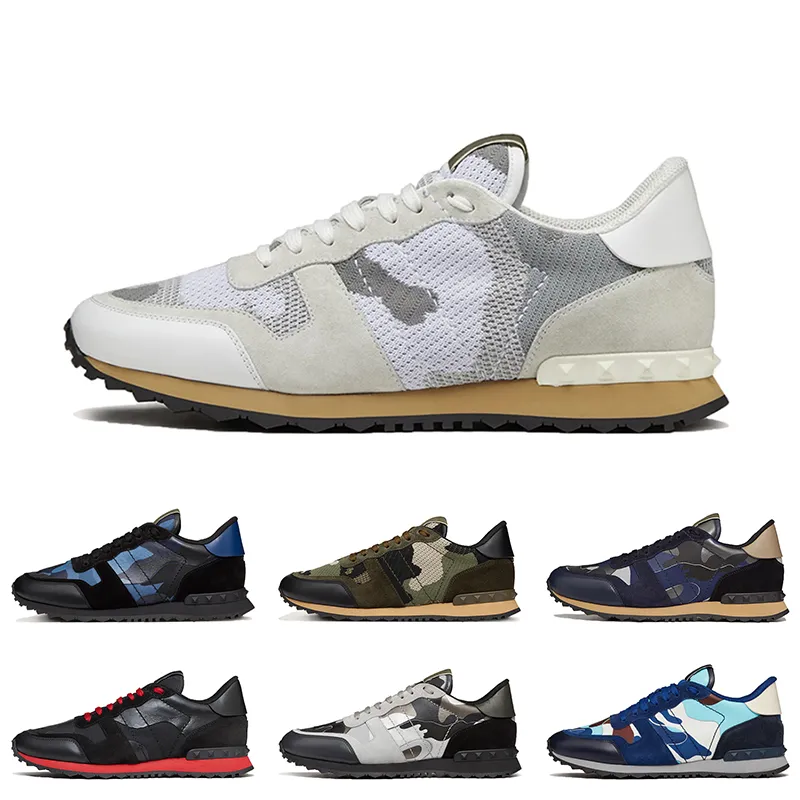 2023 Top Quality Rockrunner Camo Casual Shoes Women Mens camouflage mesh fabric Rubber stud white black grey blue platform designer sneakers flats luxury trainers