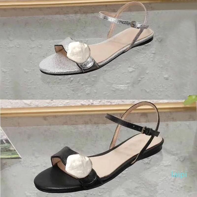 Designer- woman shoes classic ladies sandals buckle metal buckle genuine leather flat beach slippers sandals