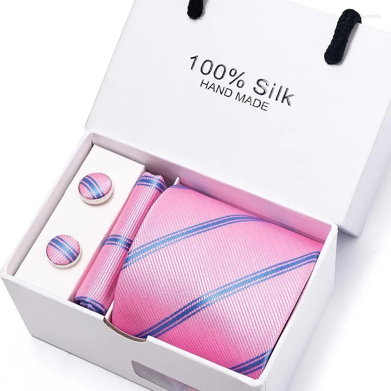 Bow Ties Luxe verjaardag cadeau mooie handgemaakte stropdas hanky manchetjes set stropdik doos roze geometrische formele kleding onafhankelijkheid Daybow Fier22