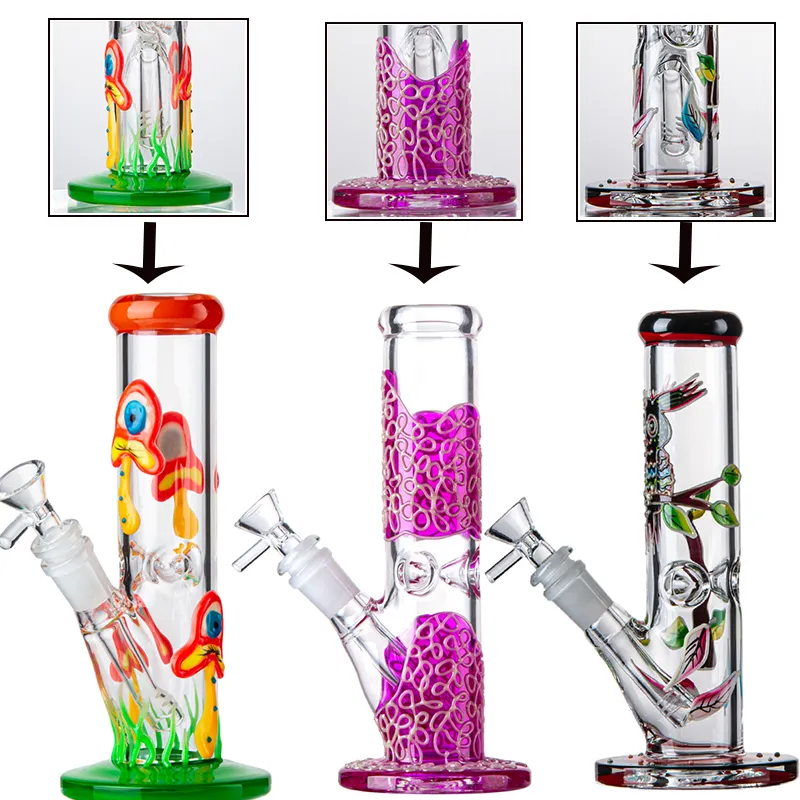 Multi Styles Hookahs 3D Mushroom Owl Glow in the Dark Percolator Water Glass Bong 18mm Female Joint Straight Perc Dab Rigs With Diffused Dowstem Bowl