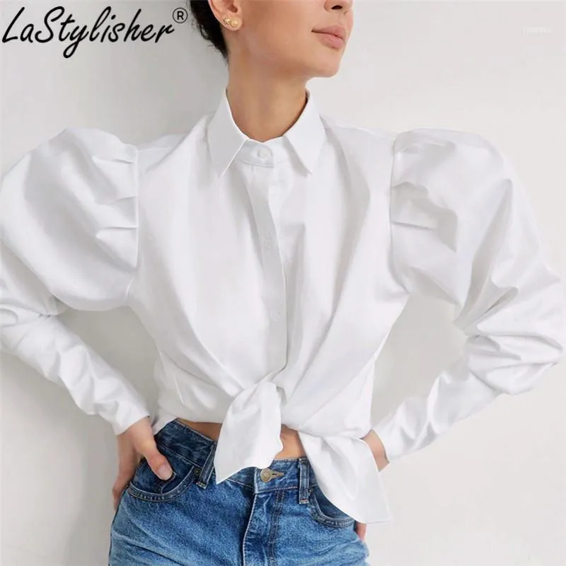 Women's Blouses & Shirts Puff Sleeve White Office Blouse Female Tunic Top Shirt Button Spring Summer Turn-Down Collar Long Women 2022