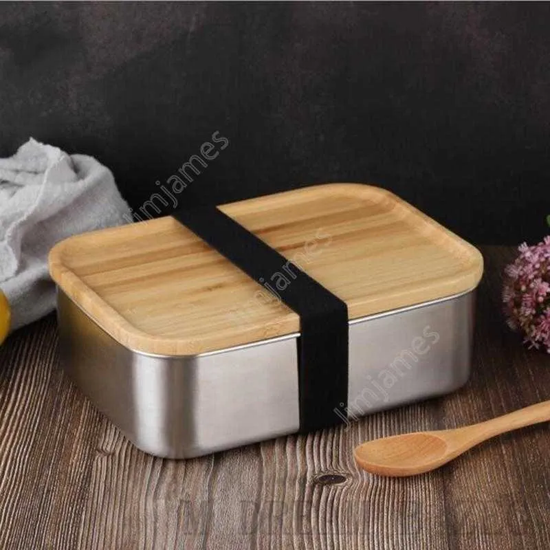 800ML Food Container Lunch Box with Bamboo Lid Stainless Steel Rectangle Bento Box Wooden Top Kitchen Container Natural Easy for Take by sea 48pcs DAJ459