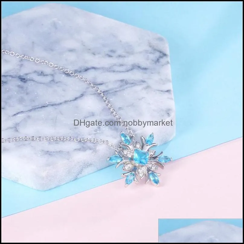 Pendant Necklaces Sparkling Crystal Frozen Snowflake Necklace Women Shiny Blue Flower Zircon Chokers Ladies Girls Birthday Gift1