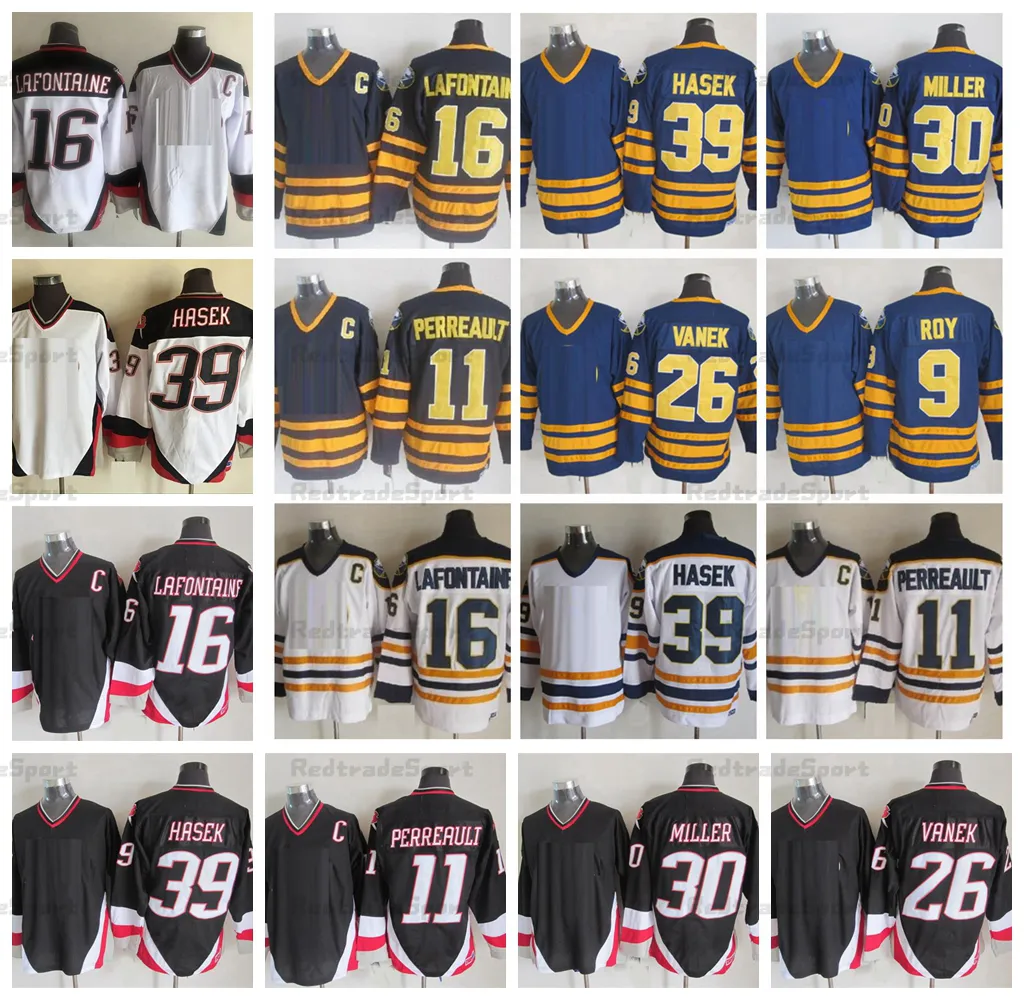 MI08 Винтажные мужские 16 Pat Lafontaine 11 Gilbert Perreault Hockey Jerseys 39 Dominic Hasek 26 Томас Ванек 9 Дерек Рой 30 Райан Миллер Ретро Черный белый темный темный флот