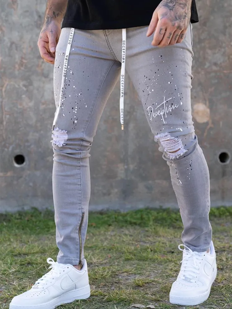 Men's Jeans 2022 Embroider Lndividual Letters Ripped Men Skinny Casual Zipper Stretch Knee Patch Denim Pants Grey Blue Big Size S-4XL