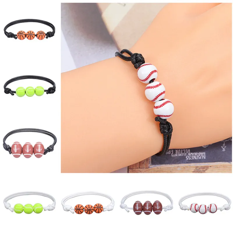 Perline acriliche alla moda Bracciale con pallina sportiva Pallacanestro Baseball Tennis Rugby Design Bracciali Spacer Bead Wristband Gioielli fai da te 8 colori Street Style