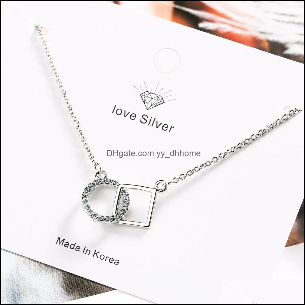 Women Fashion 925 Sterling Silver Necklace Chains Cubic Zirconia Geometric Pendant Necklaces Korean Style Jewelry Collar Gift