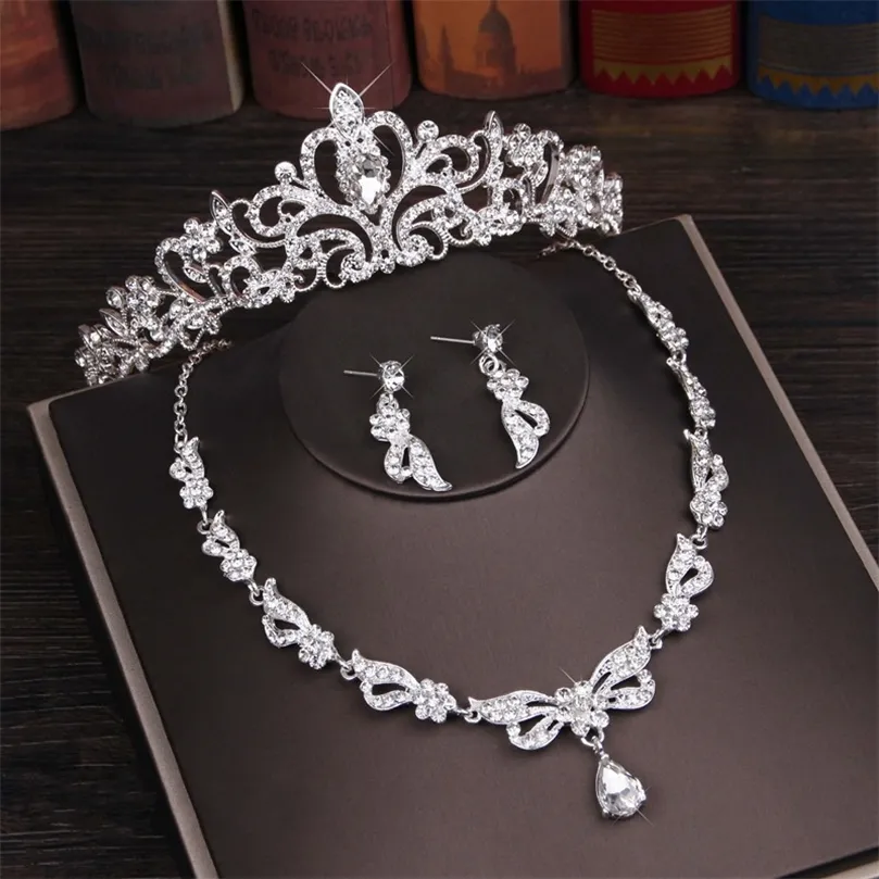 3 -stks kristal vlinder bruids sieraden sets ketting oorrang tiara set bruiloft haar ornamenten Afrikaanse kraal sieraden set 220716