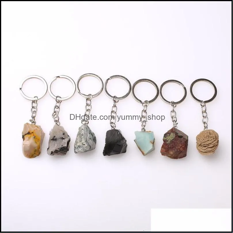 natural raw ore key chain ring gem quartz fluorite citrine lapis lazuli amethyst irregular stone pendants keyring keychian diy jewelry making