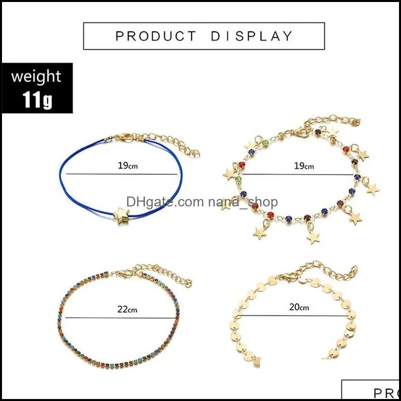 4Pcs / sets Luxury Colorful Crystal Stone Anklets For Women Gold color Wafer Star Pendant Rope Foot Chain Beach Jewelry