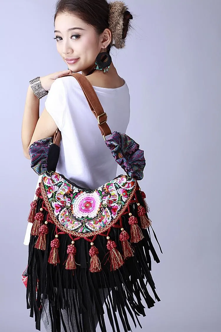 Bolsos de noche clásicos negros hechos a mano mujer bordado étnico lienzo de mensajero de hombro bagsevening
