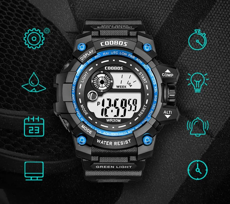 손목 시계 Coobos LED 빛나는 패션 스포츠 휘트니스 방수 디지털 시계 남자 날짜 육군 군사 시계 Relojes Para Hombre
