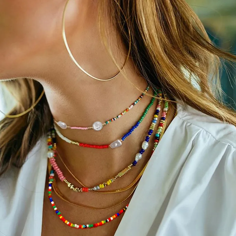 Collar de hilo de cuentas de semillas de perlas simples para mujer, Gargantilla corta con cuentas, collar de joyería, gargantilla, collar de playa de verano, regalo bohemio