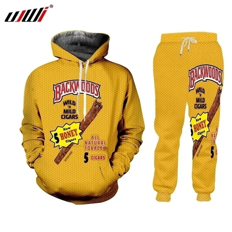 Ujwi gula o-hals hoodies streetwear backwoods hoodie tröja män 2 stycke set höst vinter tracksuit set pullover 201128
