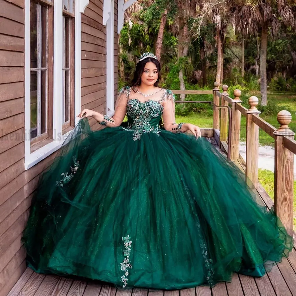 Green Quinceanera Dress Long Sleeves 2024 Beads Applique Sweet 16 Ball Gown Tulle