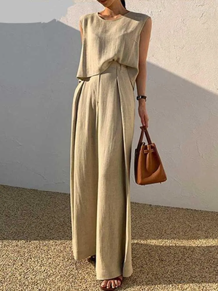 Work Dresses Casual High Street Two Piece Suit Women O Neck Sleeveless Tank Top Wide Leg Pants Outfits Summer Solid Cotton Linen