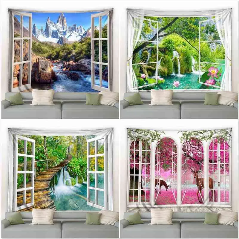 Tapestry Landscape Outside Window Tapestry Hanging Cloth Art Wall Rugs Beautifu