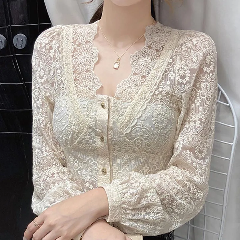 Vrouwen Blouses Shirts Lange Mouwen V-hals Blouse Vrouwen Blusas Mujer De Moda 2022 Abrikoos Hollow Lace Shirt Tops Blusa kleding D892