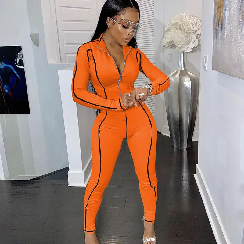 Women's Jumpsuits & Rompers Striped Zipper Turn-down Collar Long Sleeve Jumpsuit Women Sportwear Workout Activewear Casual Skinny One Piece