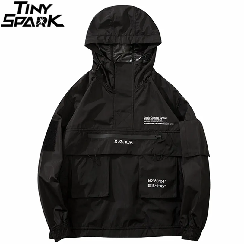 Men Hip Hop Streetwear Jacket Coat Black Windbreaker Cargo Jacket Pullover Harajuku Hooded Track Jacket Tactical Outwear 201127