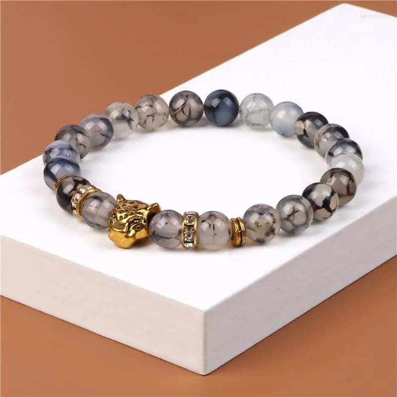 Fili di perline Agate di drago naturale Braccialetti di perline Bracciale rotondo liscio con perline di pietra Testa di leopardo dorato Gioielli elastici Stile inchiostro Perline Lar