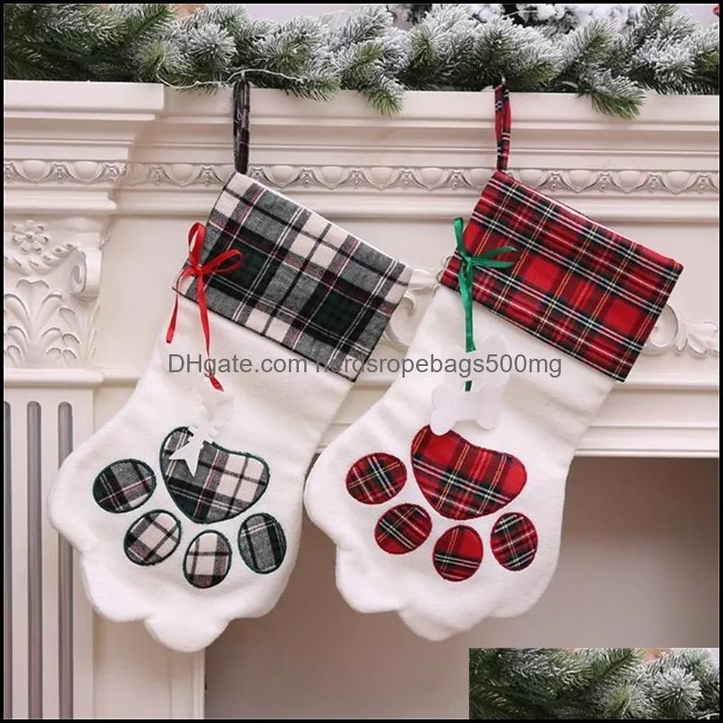 Christmas Decorations Festive Party Supplies Home Garden Creative Blanks Plaid Decor Cuff Gift Holder Dogs Paw Shape Socks Plush Stocking
