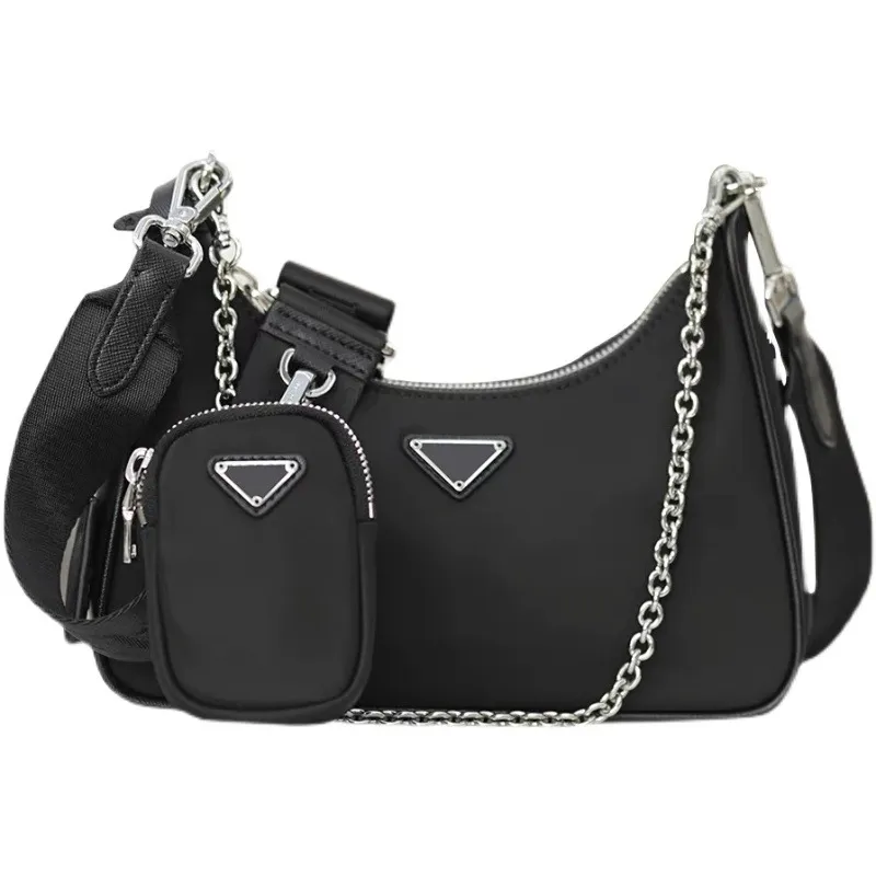 Lüks tasarımcı çanta moda siyah naylon askılı çanta klasik üç parçalı takım bayan koltuk altı omuz cüzdanı Su geçirmez ve narin