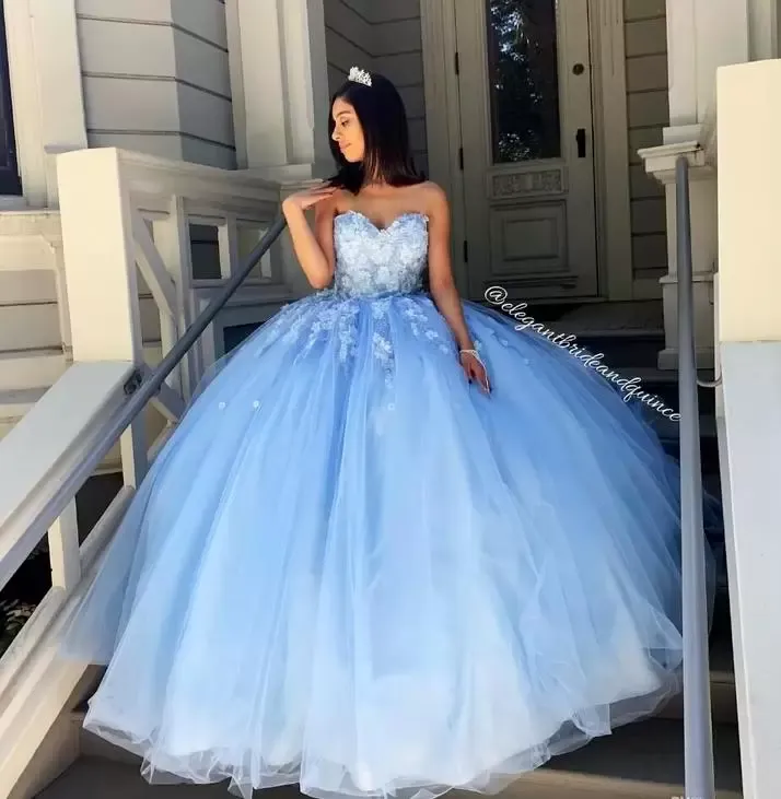 Mavi quinceanera gökyüzü elbiseler tatlım yaka dantel aplike tatlı doğum günü partisi balo elbisesi özel yapılmış artı boyutu vestidos de noche