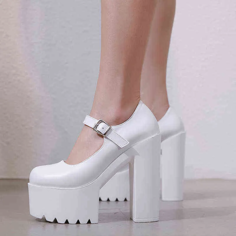 2021 spring and summer new sandals round head high heel shoes one line buckle thick heel 15cm single shoes 220523