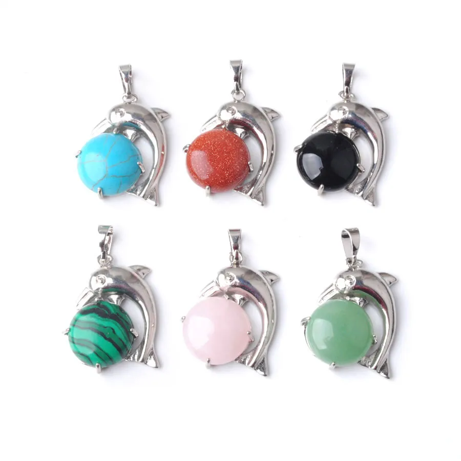 12Pcs/lot Dolphins Natural Stone Round Cabochon Beads Charm Necklace Pendants Jewelry Cute Animal Gifts for Female BE908