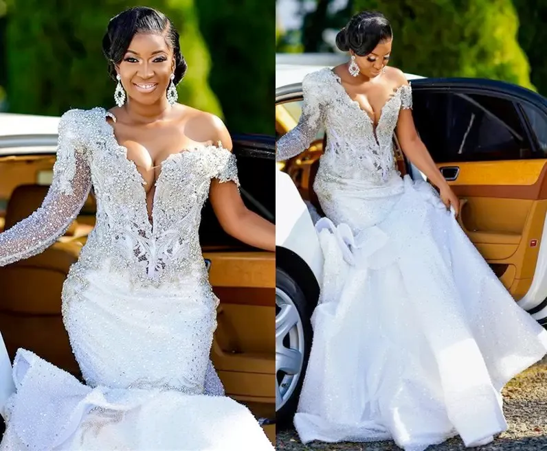 Plus Size Arabic Aso Ebi Luxurious Mermaid Lace Wedding Dress Beaded Crystals Long Sleeve Sequined Sparkly Bridal Dresses Gowns