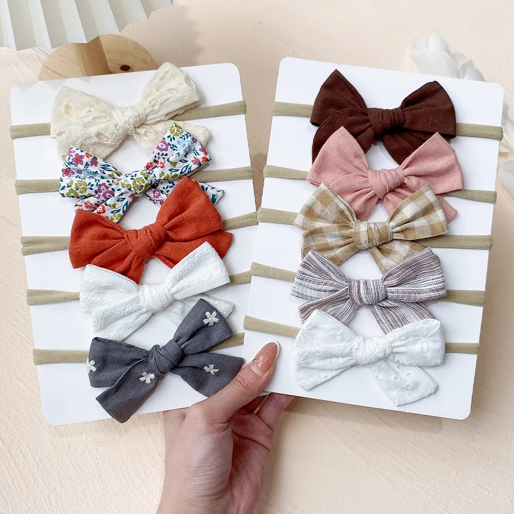 Solid Embroidery Lace Hair Bow Hair Clips Lace Embroider Bow Nylon Headband for Baby Girl Floral Print Nylon Turban Kid