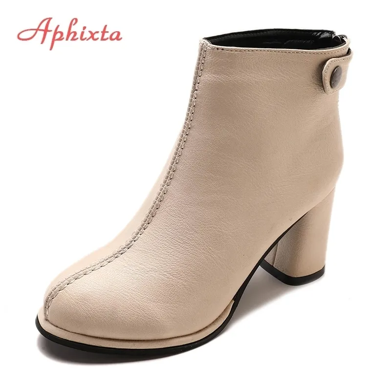 APHIXTA Ankle Boots For Women Soft Leather Ankle Boots Women Winter Shoes Women Square High Heel Boots Shoes Button And Zip Y200115