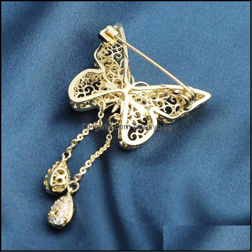 elegant butterfly female cute creative inlaid zircon hollow tassel lapel lady brooch pin