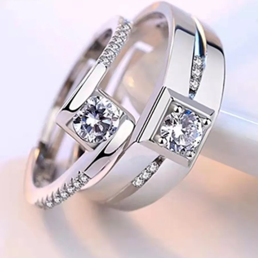 Cuivre Plaqué Argent Réglable Amant Couple Diamant Anneaux Hommes Femmes Fiançailles De Mariage Doigt Bijoux Saint Valentin Anniversaire Cadeau Accessoire