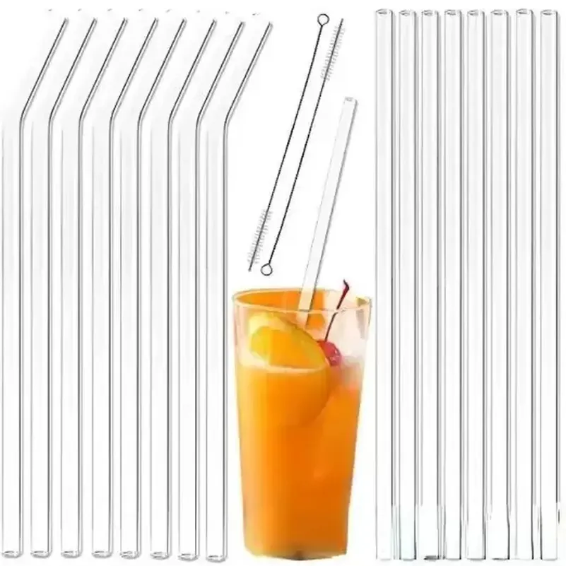 Stock Clear Glass Straw 200 * 8mm Réutilisable Pailles en verre courbé droit avec brosse Pailles en verre écologiques pour smoothies Cocktails FY5155