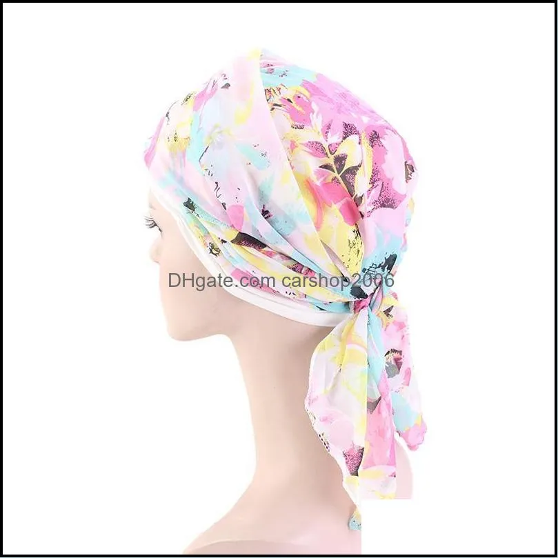 women flower print chemo cap turban long hair band scarf head wraps hat boho pre-tied bandana hair accessories for women